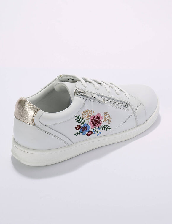 Baskets zippées en cuir brodées fleurs (blanc)  Baskets zippées en cuir brodées fleurs (blanc)